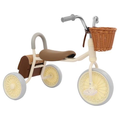 Susoso Kinder Dreirad, Retro Fahrrad mit Vergrößertes Pedal und Tasche Tragfähigkeit 30kg für Kinder im Alter von 2-6 Jahren 73x43x55cm Weiß, Braun, Grau von Susoso