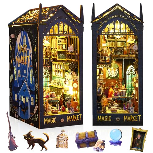 Sutinban DIY Book Nook Kit, 3D -Holz -Puzzle -Buchnook -Bücherregal -Einsatzdekor mit LED, Buchend Diorama DIY Miniature Dollhouse Kit (Magic Market) von Sutinban