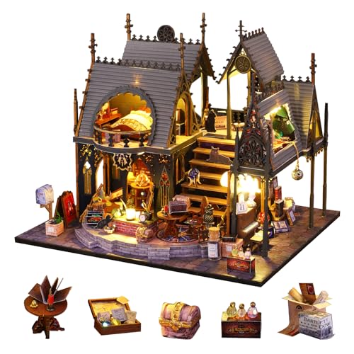 Sutinban DIY Dollhouse Miniatur Holzmöbel Kit, Doll House Kit mit LED -Licht, Mini handgefertigtes Holzpuppenhausspielzeug für Erwachsenengeschenk (Luna Magic House) von Sutinban