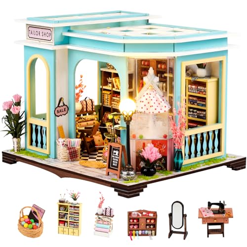 Sutinban DIY Miniature Doll House Kit mit LED, Mini House -Making -Kit mit Möbel, großartige handgefertigte Handwerksmodellgebäude -Kit -Dekor -Geschenk für Erwachsene Teenager (Schneidergeschäft) von Sutinban