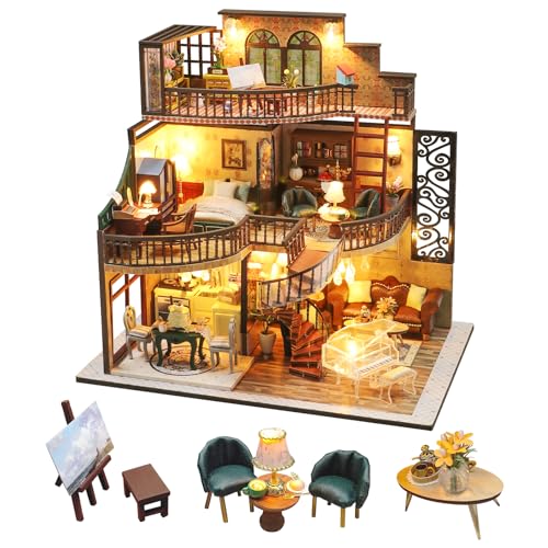Sutinban Miniaturhaus -Kit, DIY Dollhouse Miniatur Holzmöbel Kit mit LED, Mini handgefertigtes Holzpuppenhausspielzeug für Erwachsenengeschenk (Dream Building Pavilion) von Sutinban