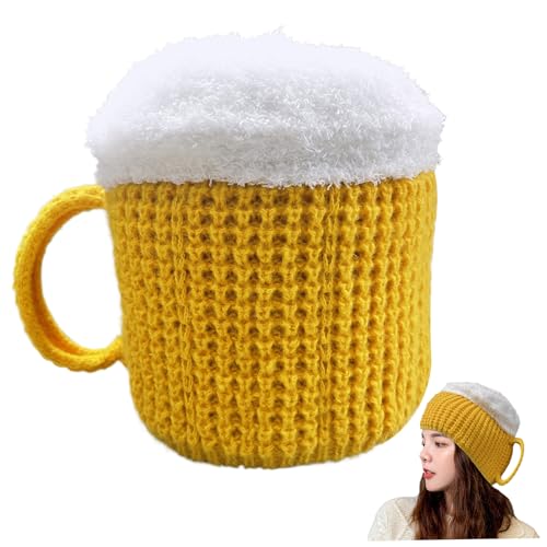 Suxdlan Bierbecher Hut Lustiger Hut für Frauen Männer lustiger 3D-Bier-Becher Hut mit Griff weicher Hautfreundlichkeit Warmer Strickmütze Bier Cup Form Winterhut für lustige Party-Accessoire Gelbgelb von Suxdlan