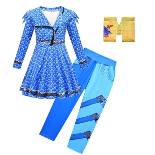 Suyaluoi Descendants 4 The Rise of Red Kostüms Dress Up für Mädchen Reißverschluss Langarm Kleider&Hosenhandschuh 3pcs Kinder Fancy Prinzessin Halloween Party Cosplay Outfit (blue, 11-12 Jahre) von Suyaluoi