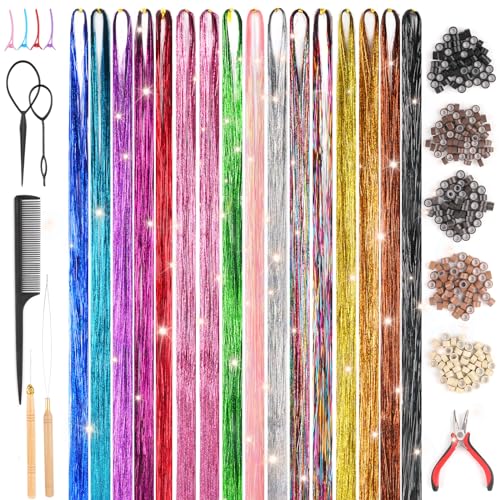 3200 Hair Tinsel,48 Inches Haar Lametta mit Werkzeug,16 Farben Glitzer Haarsträhnen zum Flechten Haar Lametta,Sparkle Tinsel Hair Extensions für Frauen Mädchen Kinder Cosplay Party Zubehör von Svalor