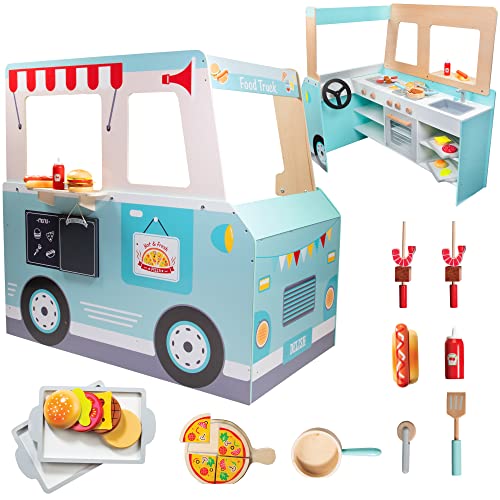 Food Truck Holz-Spielset - 20 lustige Spielzeugteile inklusive Kochplatte, Lenkrad, Aufkleberbogen für Kindernamen, inklusive Futtertablett, Pizzascheiben und mehr, doppelseitiger Spielständer für den von Svan