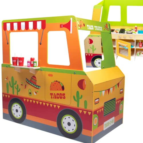 Taco Truck Holz-Spielset, 30 Spielzeugteile - Kochplatte, Lenkrad, Spüle, Aufkleberbogen für Kindername, Lebensmittel, Taco-Muscheln, Käse, Patties, doppelseitiges Spielständer-Set für Indoor-Spaß, ab von Svan