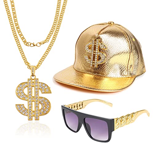 Svovin Hip Hop Kostüm Kit Gold Rapper Hut Sonnenbrille Gold Dollar Zeichen Anhänger Halsketten 80er 90er Rapper Zubehör von Svovin