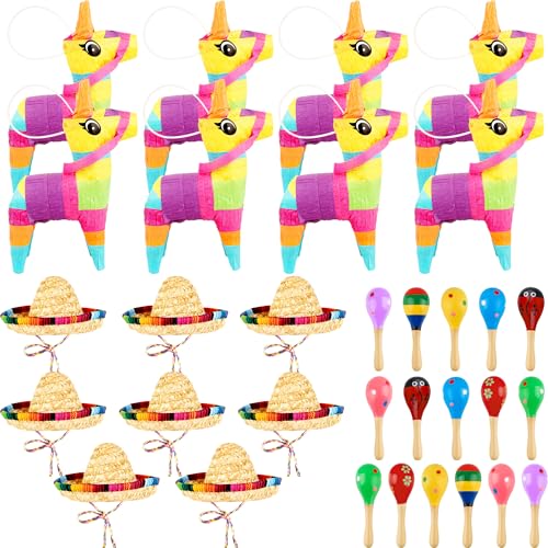 Mexikanische Fiesta-Dekorationen, inklusive 8 mexikanischen Mini-Sombrero-Hüten, 8 Mini-Esel-Piñata mit 16 Holz-Fiesta-Maracas für Kinder, Erwachsene, mexikanische Festivals, Party-Dekoration, von Swakuta