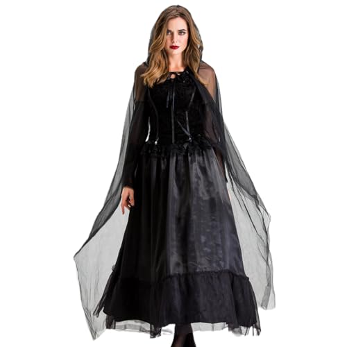 Sweeaau Halloween-Brautkleid für Damen, schwarz, Hexenkleid, Cosplay, Teufel für Vampir, Kapuzenumhang, Handschuhe, Outfit-Set, Rolle für Spiel, Maskerade, dunkles Kostüm von Sweeaau