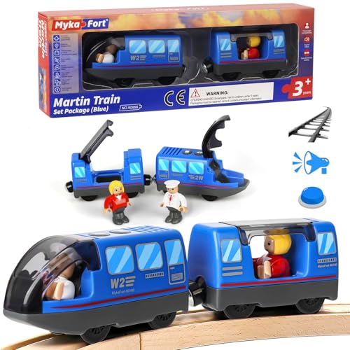 Holzeiseektnbahn Elrische Lok, Batteriebetriebene eisenbahn kinder elektrisch (Magnetverbindung) mit Züge Sound, Leistungsstarker Motorzug Kompatibel mit Thomas, Brio, Chuggington, Zug Kinder, Blau von Sweetone