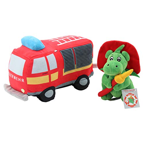 Sweety Toys 12213 Set Grisu Plüsch Feuerwehrmaskottchen 20 cm & Plüsch Feuerwehr Auto Lastwagen ca. 30 cm von Sweety Toys