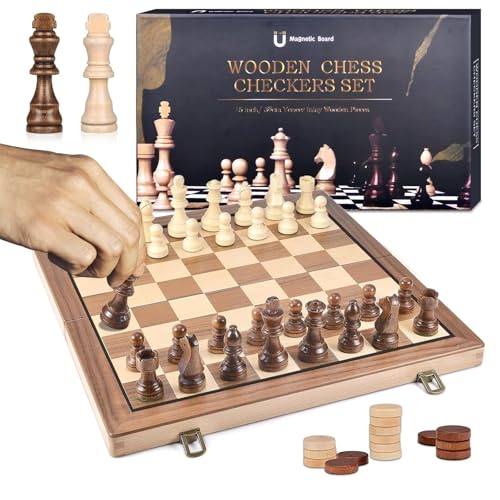 Swetfela 2 in 1 Schachspiel, Schachbrett Holz Hochwertig,Tragbare Schachbrett, Chess Board Klappbar, Reiseschach, Schachspiel Kinder, Schachspiel Magnetisch Set für Party Familie Aktivitäten-39x39cm von Swetfela