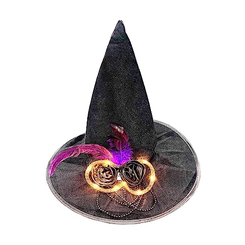 Swetopq Leuchtender Halloween-Hexenhut für Mädchen und Frauen, schwarz, Cosplay, Party, Kostüm, Zubehör, Mädchen, breite Krempe, spitzer Hut, Zaubererhut von Swetopq