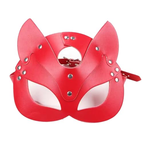 Swiixxer Frauen-Katzenmaske, Halbes Gesicht, Katzenmaske, Leder, Katzenohren, Maske, Cosplay-Kostüm, Ersatzteile, Rot von Swiixxer