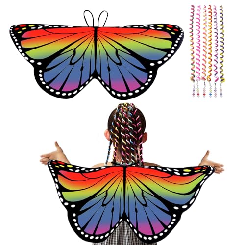 Schmetterlingsflügel Kinder Set, Schmetterling Kostüm Kinder mit Haar Flechten Werkzeug Bunte Kinder Schmetterling Flügel Cape Mädchen verkleiden sich für Fancy Party Halloween Karneval Cosplay 5-10 J von SwirlColor