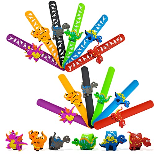 SwirlColor 12 Stck Schnapparmband Kinder, Dinosaurier-Slap-Armband Fun Modisch Abnehmbares Slap-Armband-Kit Lila Orange Schwarz Grün Blau Rot Silikon-Armbänder für Kinder Jungen Mädchen von SwirlColor