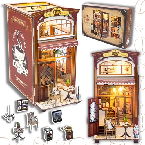 Book Nook Café – DIY Miniature House, Miniatur Haus selber Bauen mit Zubehör, Modellbausatz Erwachsene für Bücherregal Deko, Book Nook Fantasy, Miniatur DIY Nook Book Café, Perfekt zum Kaufen von Swnord