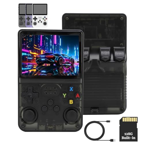 R36S Handheld-Spielekonsole, Tragbare Retro-Spielekonsole mit 3,5-Zoll-IPS-Bildschirm, 3000-mAh-Akku, 128 GB Speicher, Keine TF-Karte Im Lieferumfang Enthalten, Schwarz von Sxhlseller