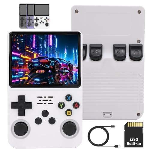 R36S Handheld Spielekonsole, Tragbare Retro Spielekonsolen mit 3,5 Zoll IPS Bildschirm, 3000 mAh Akku, 64 GB/128 GB Speicher, Keine TF Karte Im Lieferumfang Enthalten, Weiß (128G) von Sxhlseller