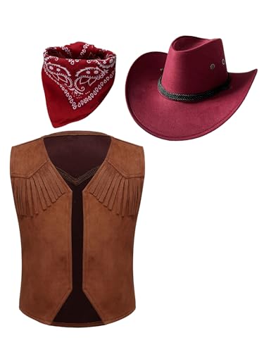 Sxiwei 3er Cowboy Cowgirl Kostüm Zubehör Set Unisex Kinder Ärmellos Westen Hut Halstuch für Party Halloween Karneval Faschingskostüme Burgundy 110-116 von Sxiwei