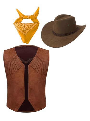 Sxiwei 3er Cowboy Cowgirl Kostüm Zubehör Set Unisex Kinder Ärmellos Westen Hut Halstuch für Party Halloween Karneval Faschingskostüme Gelb 110-116 von Sxiwei