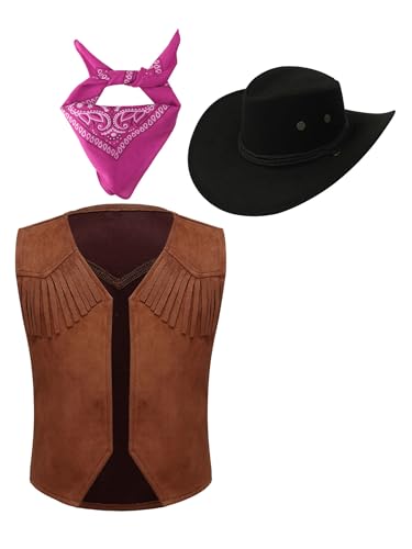 Sxiwei 3er Cowboy Cowgirl Kostüm Zubehör Set Unisex Kinder Ärmellos Westen Hut Halstuch für Party Halloween Karneval Faschingskostüme Hot Pink 110-116 von Sxiwei