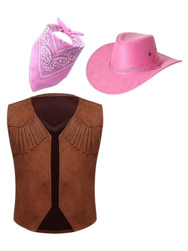 Sxiwei 3er Cowboy Cowgirl Kostüm Zubehör Set Unisex Kinder Ärmellos Westen Hut Halstuch für Party Halloween Karneval Faschingskostüme Rosa 110-116 von Sxiwei