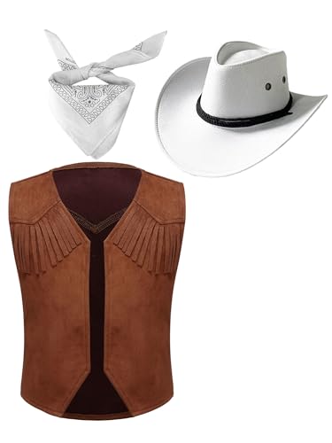 Sxiwei 3er Cowboy Cowgirl Kostüm Zubehör Set Unisex Kinder Ärmellos Westen Hut Halstuch für Party Halloween Karneval Faschingskostüme Weiß 110-116 von Sxiwei