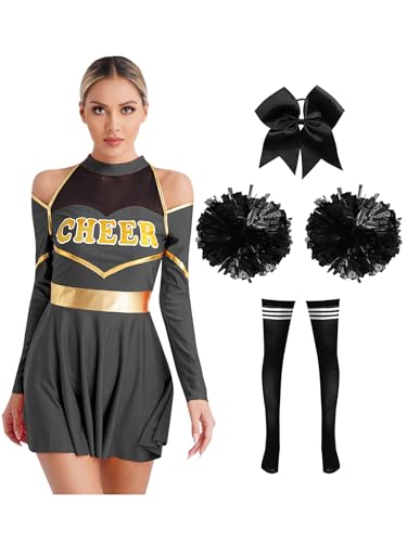 Sxiwei 4 Stück Cheer Leader Kostüm Damen Langarm Cheerleading Uniform mit Pompons Socken Haarband Halloween Karneval Fasching Schwarz A M von Sxiwei