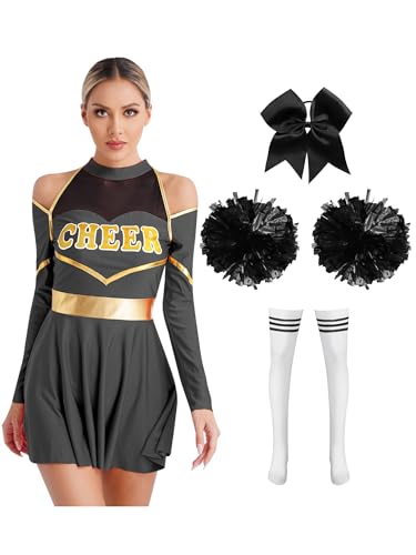 Sxiwei 4 Stück Cheer Leader Kostüm Damen Langarm Cheerleading Uniform mit Pompons Socken Haarband Halloween Karneval Fasching Schwarzes B S von Sxiwei