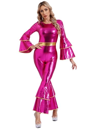 Sxiwei 70er Jahre Damen Retro Jumpsuit Metallic Glänzende Fancy Hippie Disco Outfit Langarm Tanzanzug Overall Halloween Karneval Fasching Hot Pink XXL von Sxiwei