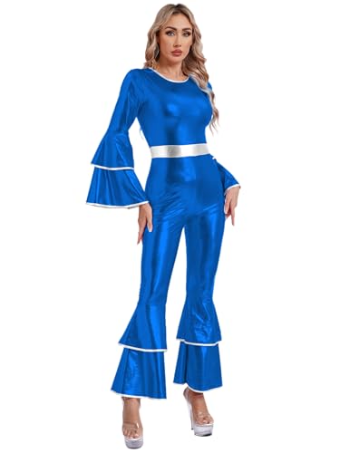 Sxiwei 70er Jahre Damen Retro Jumpsuit Metallic Glänzende Fancy Hippie Disco Outfit Langarm Tanzanzug Overall Halloween Karneval Fasching Königsblau S von Sxiwei