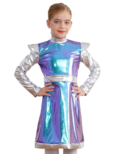 Sxiwei Alien Kostüm Kinder Mädchen Metallic Langarm Minikleid Holographic Spacegirl Tanzkleid Halloween Karneval Fasching Blau 146-152 von Sxiwei