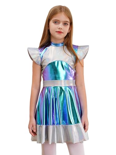 Sxiwei Alienkostüm für Kinder Mädchen Space Girl Metallic Kleid Mützenärmel Party Tankleider Karneval Halloween Outfit Silber 122-128 von Sxiwei