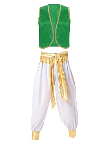 Sxiwei Arabisches Kostüm für Herren Sultan Themen Party Outfits ärmellos Vorne Offen Weste mit Haremshose Für Halloween Rollenspiel Party Grün Weiß 3XL von Sxiwei