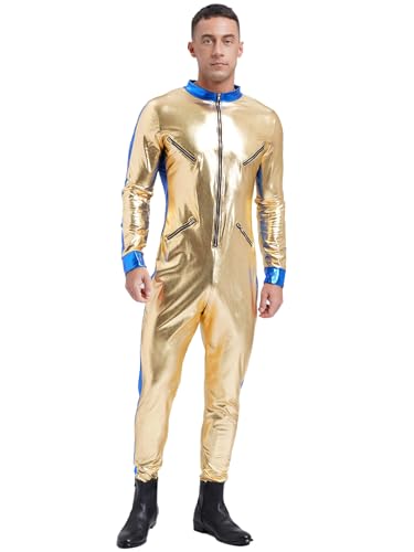 Sxiwei Astronaut Kostüm Herren Metallic Jumpsuit Langarm Weltall Raumfahrer Anzug Overall Outfit Faschingskostüme Gold 3XL von Sxiwei