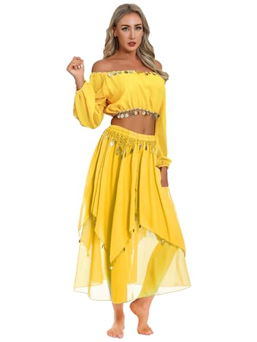 Sxiwei Bauchtanz Kostüm Damen Langarm Schulter Crop Top Tanzen Oberteil Mit Lang Röcke Pailletten Belly Dance Outfit Gelb Einheitsgröße von Sxiwei