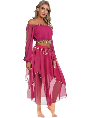 Sxiwei Bauchtanz Kostüm Damen Langarm Schulter Crop Top Tanzen Oberteil Mit Lang Röcke Pailletten Belly Dance Outfit Hot Pink Einheitsgröße von Sxiwei