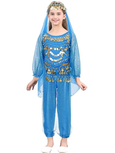 Sxiwei Bauchtanz Outfit für Kinder Mädchen Pailletten Schnürung Crop Top mit Pumphose Hüfttuch Kopftuch 4-Teiliges Tanz Kleidung Set Himmelblau 122-134 von Sxiwei