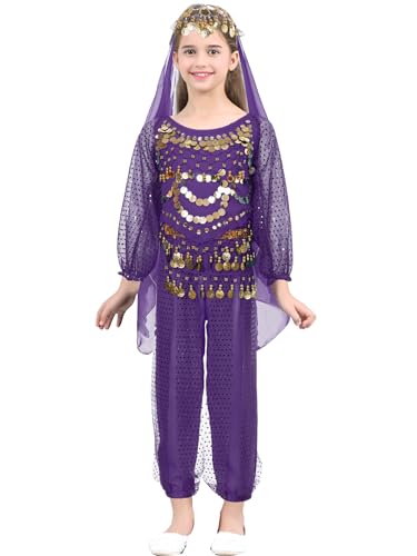 Sxiwei Bauchtanz Outfit für Kinder Mädchen Pailletten Schnürung Crop Top mit Pumphose Hüfttuch Kopftuch 4-Teiliges Tanz Kleidung Set Violett 158-164 von Sxiwei