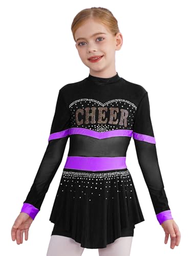 Sxiwei Cheer Leader Kostüm Kinder Mädchen Langarm Schulmädchen Tanzkleid mit Briefdruck Glänzende Diamanten Tanz Jumpsuit Karneval Violett 134-140 von Sxiwei