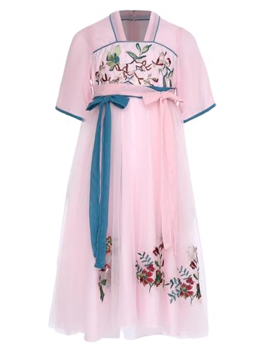 Sxiwei Chinesisches Kostüm Kinder Mädchen Hanfu Kleid Kurzarm Traditionell Elegantes Prinzessinnenkleid Bühnenkostüm Rosa 146-152 von Sxiwei