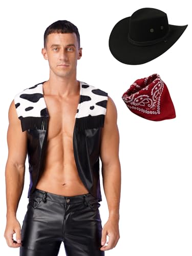 Sxiwei Cowboy Western Kostüm für Herren 3tlg Ärmellos Jacke Oberteil Cowboyhut Bandanas Erwachsene Wilder Westen Faschingskostüm Schwarz 3XL von Sxiwei