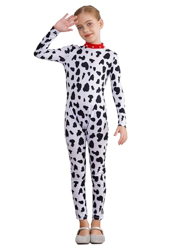 Sxiwei Dalmatiner Kostüm Mädchen Kinder Spotted Langarm Jumpsuit Einteiliger Bodysuit für Verkleidungen Halloween-Kostüme Weiß schwarz 122-128 von Sxiwei