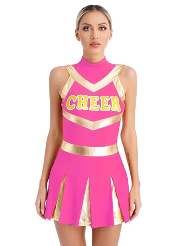 Sxiwei Damen Cheer Leader Kostüm Ärmelloses Cheerleading Tanzkleid Schulmädchen Uniform Kurz Karneval Fasching Hot Pink XL von Sxiwei