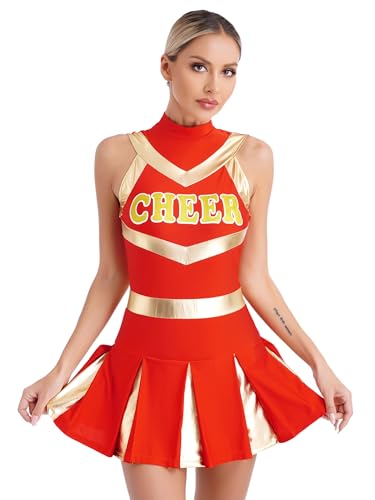 Sxiwei Damen Cheer Leader Kostüm Ärmelloses Cheerleading Tanzkleid Schulmädchen Uniform Kurz Karneval Fasching Rot L von Sxiwei