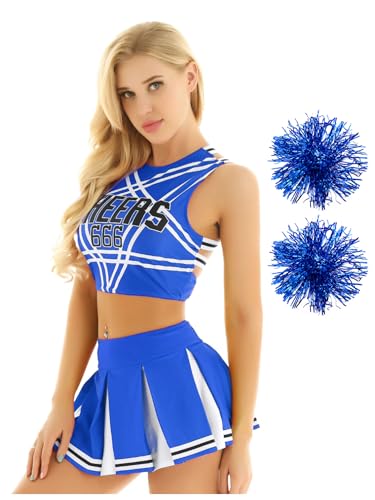 Sxiwei Damen Cheerleadering Uniform Party Schulmädchen Schule Cosplay Kostüm Set 3 Stück Ärmelloses T-Shirt + Faltenrock+Pompoms Blau B M von Sxiwei