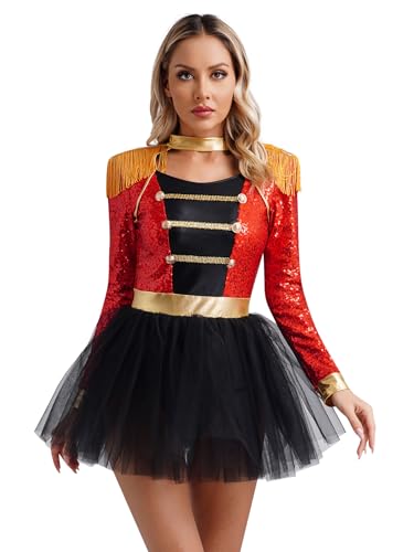 Sxiwei Damen Circus Ringmaster Tutu Kleid Langarm Pailletten Bodysuit Zirkusdirektor Jumpsuit mit Rock Einteile Glänzend Tanzkostüm Rot M von Sxiwei