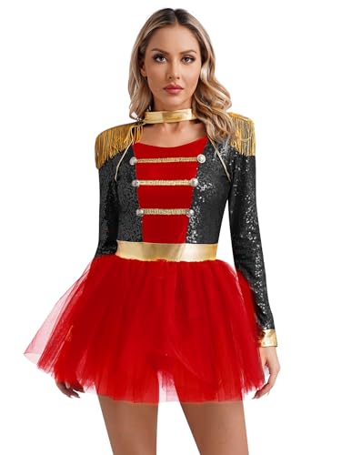 Sxiwei Damen Circus Ringmaster Tutu Kleid Langarm Pailletten Bodysuit Zirkusdirektor Jumpsuit mit Rock Einteile Glänzend Tanzkostüm Schwarz 3XL von Sxiwei