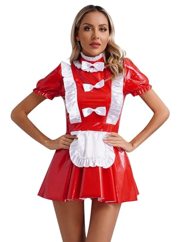 Sxiwei Damen Sexy Dienstmädchen Uniform Kurzarm Lackleder French Maid Minikleid Schürze Kleid Lolita Rollenspiel Kostüm Fasching Karneval Rot L von Sxiwei